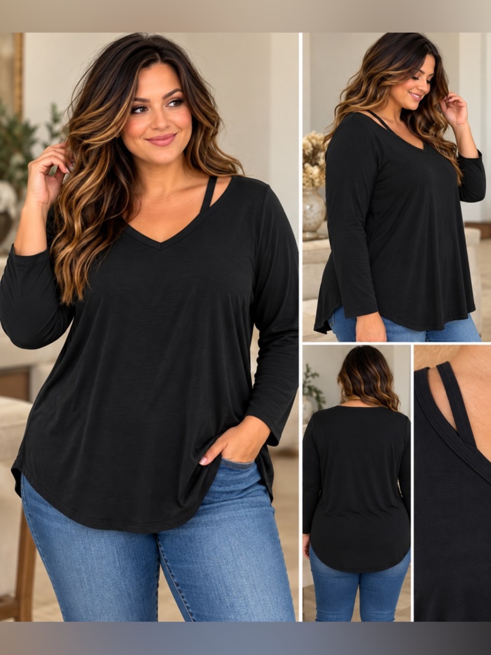 🖤 Time and Tru Black Strappy V-Neck Top – XL (16/18)